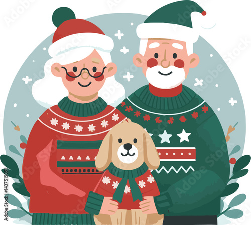 elderly couple with dog wearing holiday sweaters in a festive setting  