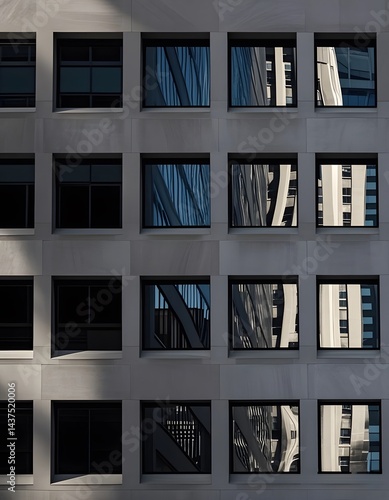 Modern architecture detail showing a symmetrical grid of dark reflective windows on a building facade, capturing abstract reflections of surrounding skyscrapers. The combination of geometric repetitio
