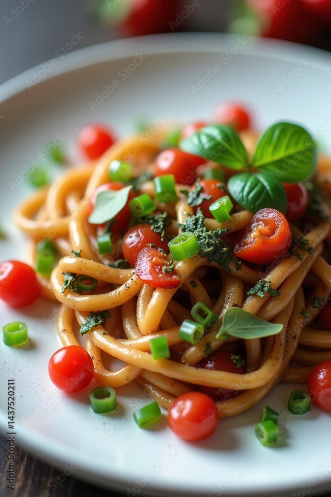 Fresh tomato basil spaghetti garnished with scallions