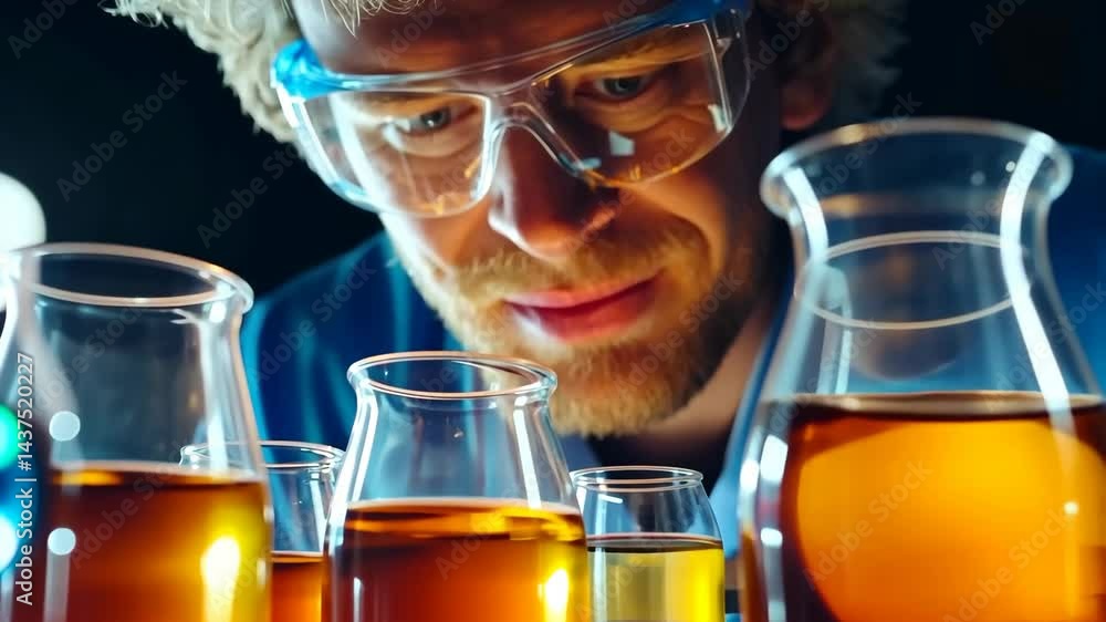 Scientist analyzing chemical reactions in lab with focus on glassware and liquid transformations