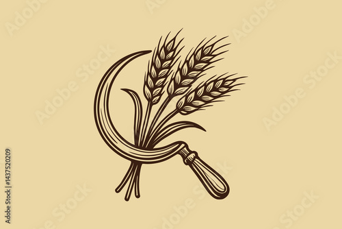 Sickle and wheat ears vintage engraving style black and white illustration