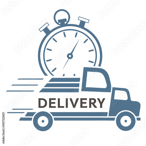 Delivery Vehicle Icon Design with Stopwatch, Flat Blue and DarkBrown Tones, Minimal