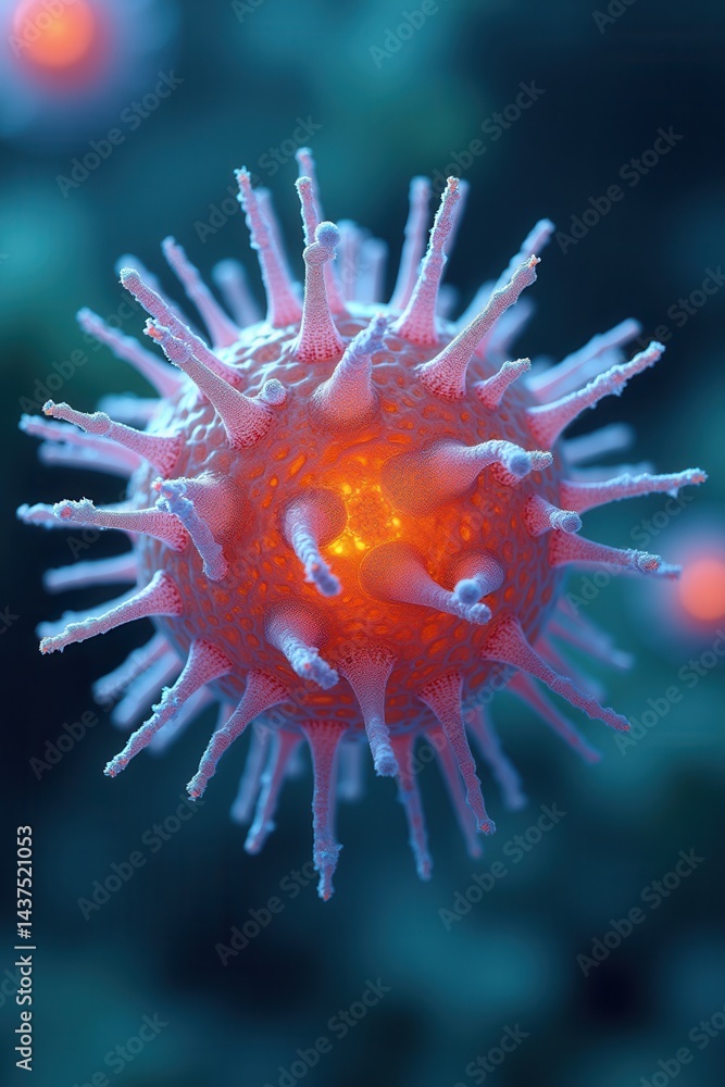 Microscopic view of virus with glowing orange core in blue background