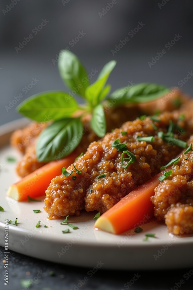 Quinoa salad with carrots basil on modern ceramic plate