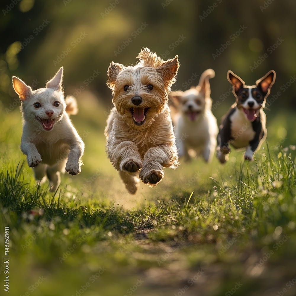 Four dogs joyfully running in a field