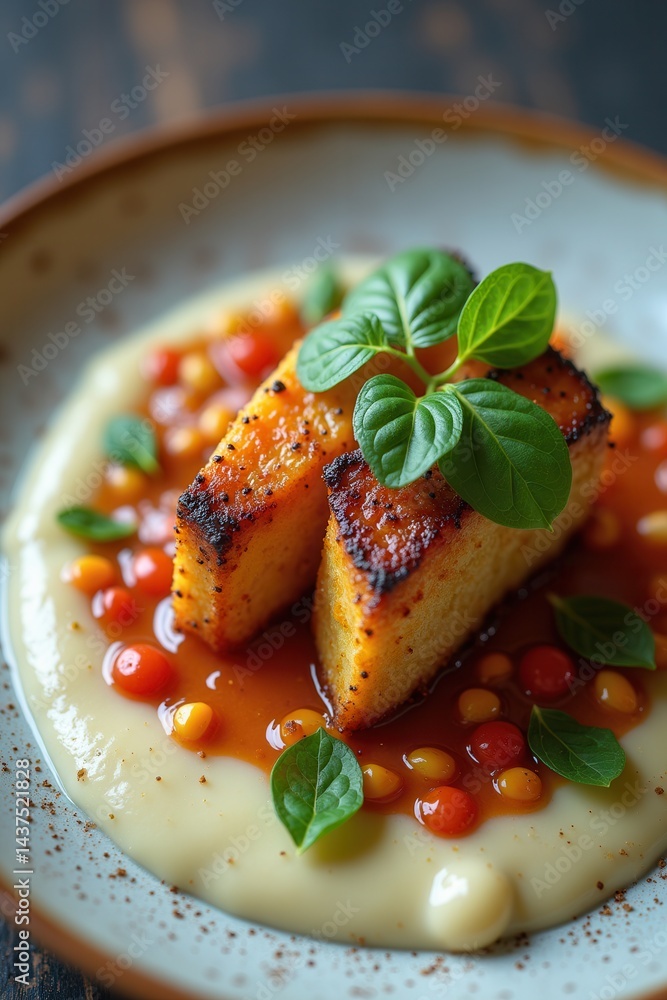 Grilled polenta with vibrant sauce basil garnish
