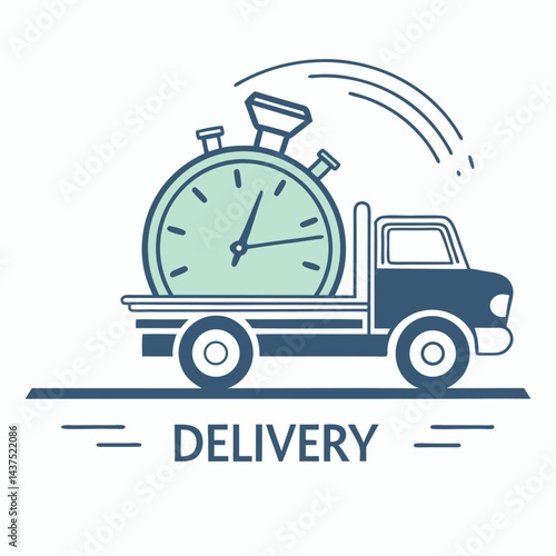 Cartoon Truck Transporting Large Stopwatch, Speed Lines, Isolated on White BG