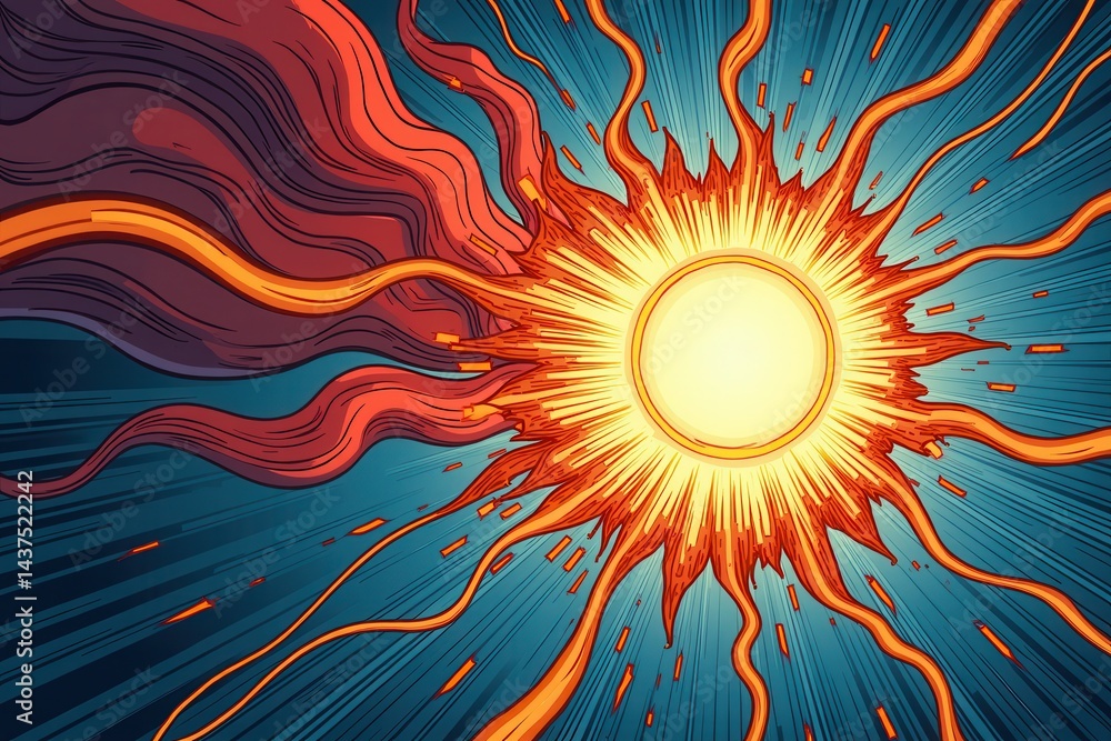 Sun explosion with abstract fiery rays