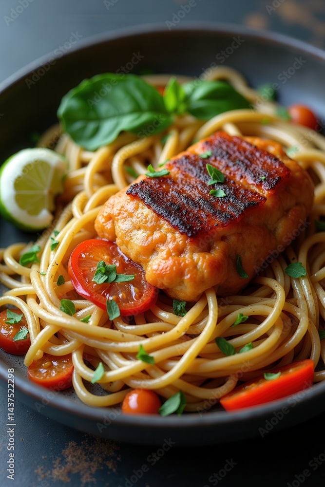 Grilled salmon with spaghetti fresh basil garnish