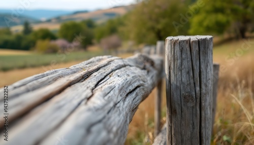 Rustic Wooden Fence on a Hillside Meadow on a Sunny Day