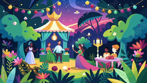 Elegant garden party at dusk in enchanted backyard with fairy lights and floral decor. Guests enjoying magical outdoor evening with laughter and cocktails.

