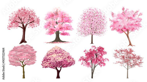 This pink tree vector icons image showcases charming trees in soft, pastel pink tones with simple, elegant designs. Perfect for spring themes, nature-inspired graphics, or whimsical creative projects.