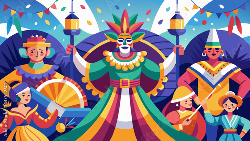 Ilustración vectorial de un animado festival cultural con trajes tradicionales, música, espectáculos de danza y decoraciones coloridas.