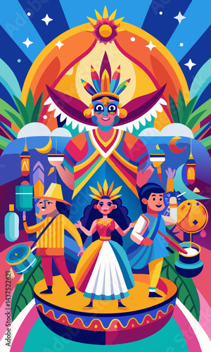 Ilustración vectorial de un animado festival cultural con trajes tradicionales, música, espectáculos de danza y decoraciones coloridas.