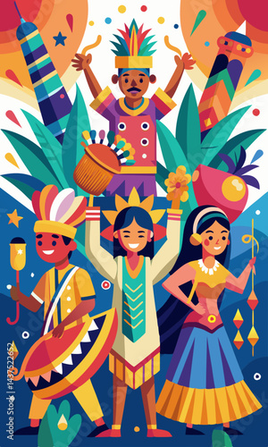 Ilustración vectorial de un animado festival cultural con trajes tradicionales, música, espectáculos de danza y decoraciones coloridas.