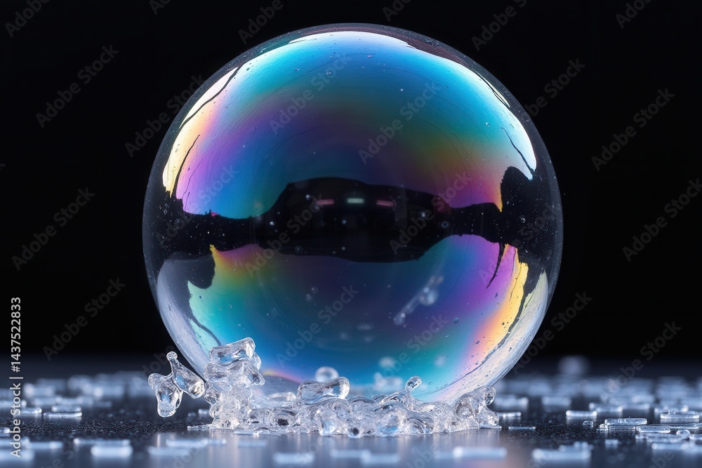 Bubble with rainbow reflection on dark background