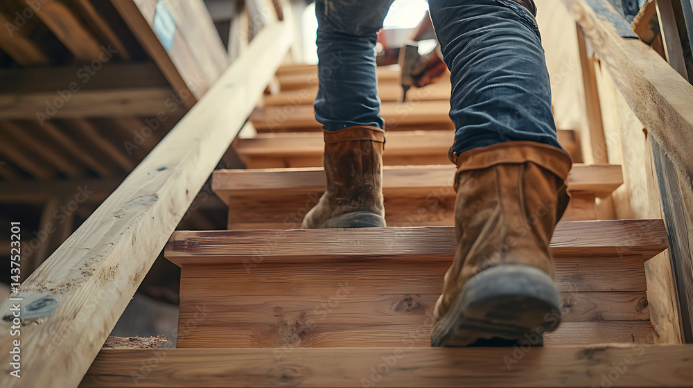 Person in Boots Ascending Wooden Stairs Person in Boots Ascending Wooden Stairs