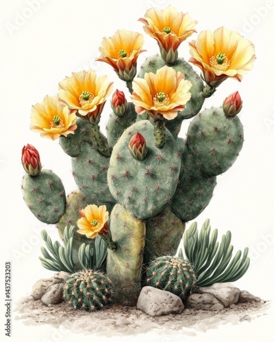 Surreal vintage illustration: cactus, flowers