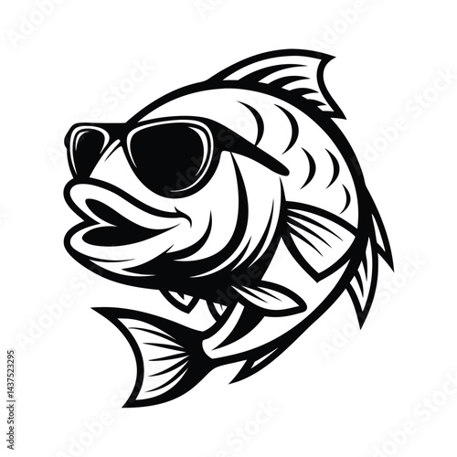Monochrome Fish Wearing Sunglasses, Aquatic Animal with Fins and Scaled Body Outline