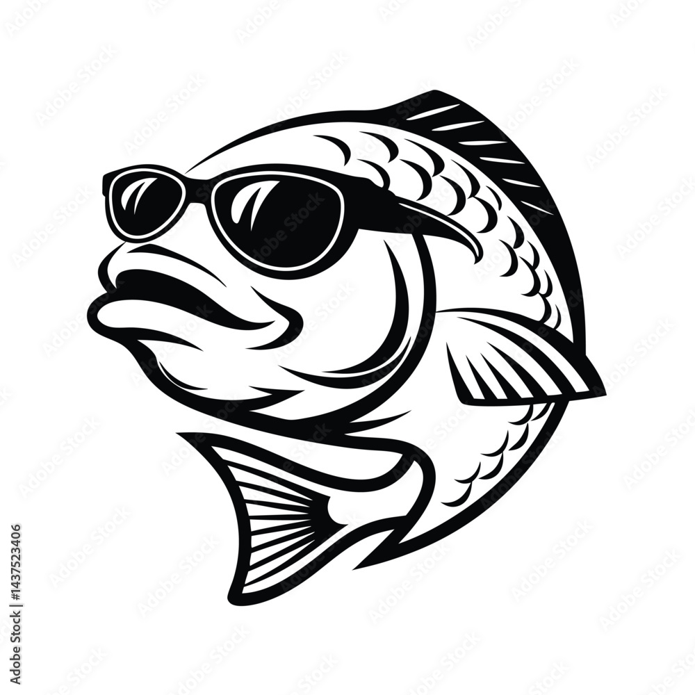Fototapeta premium Cool Bass Fish Portrait Wearing Sunglasses, Monochrome Minimalist Line Art Isolated Design