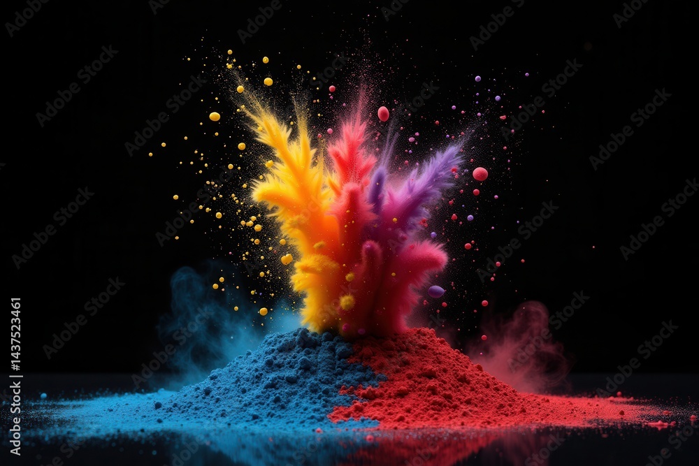Colorful explosion of vibrant powders in dark background