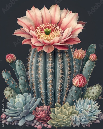 Various succulents, flowering cactus, high-res.