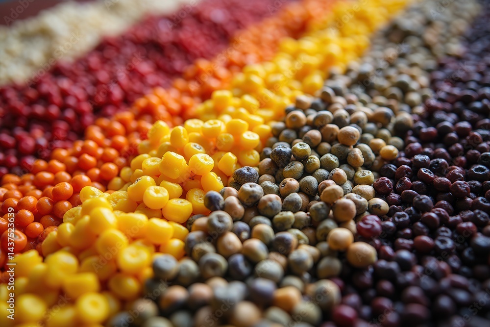 Colorful assortment of various dried legumes displayed in vibrant rows