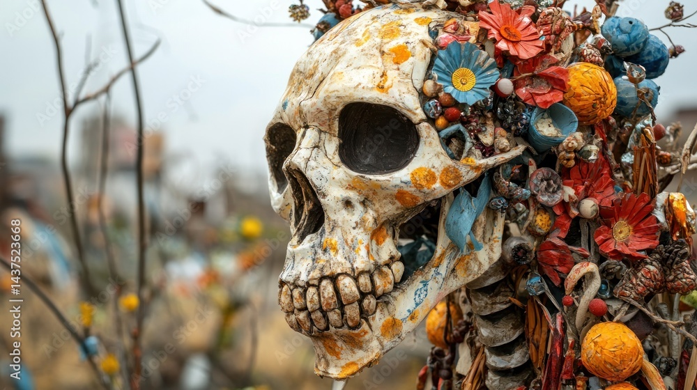 Naklejka premium Ornate skull adorned with colorful flowers and beads