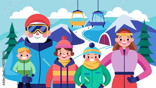 Familia feliz esquiando en unas vacaciones nevadas en la montaña. Dibujo vectorial de un hombre, una mujer y dos niños con ropa de esquí colorida disfrutando de las vacaciones de invierno con equipo d