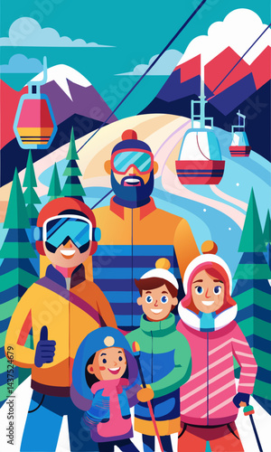 Familia feliz esquiando en unas vacaciones nevadas en la montaña. Dibujo vectorial de un hombre, una mujer y dos niños con ropa de esquí colorida disfrutando de las vacaciones de invierno con equipo d