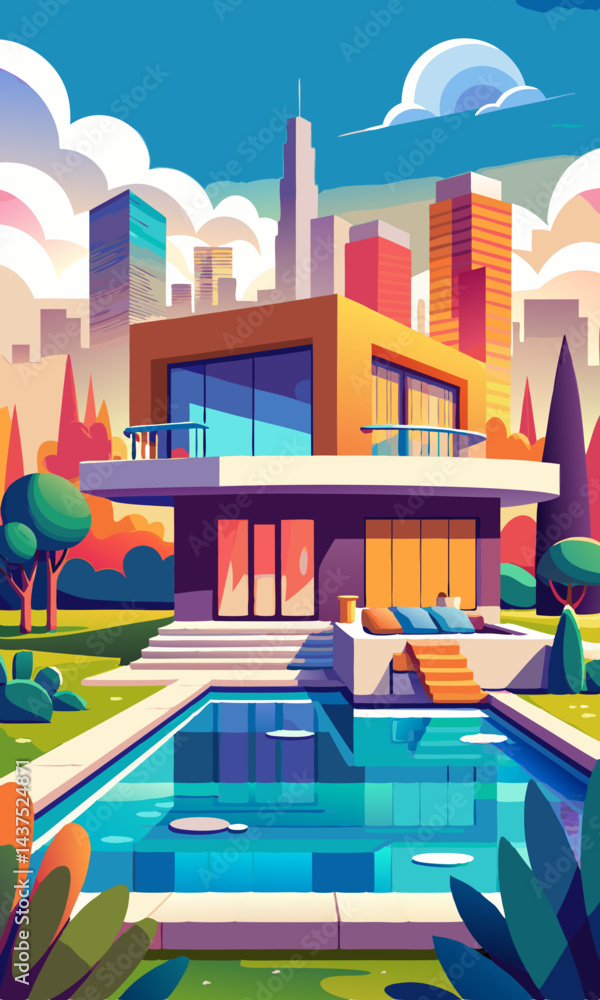 Luxury suburban house with swimming pool and city skyline. Elegant villa with modern garage, lush garden, and architectural landscape in stylish residential neighborhood.
Luxury suburban house with swimming pool and city skyline. Elegant villa with modern garage, lush garden, and architectural landscape in stylish residential neighborhood.