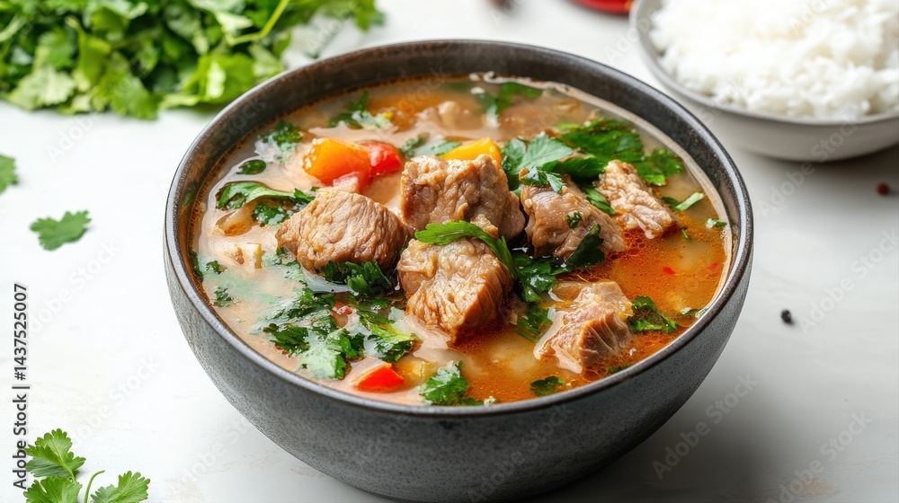 Delicious homemade beef stew with fresh herbs and colorful vegetables in a bowl on a white background Delicious homemade beef stew with fresh herbs and colorful vegetables in a bowl on a white background
