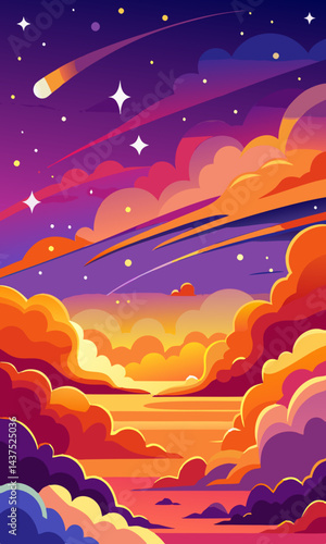 アニメ調の夢のような夕空。魔法のようなオレンジと紫の雲と、きらめく星々。穏やかな空のシーンを彩るファンタジーな夜空の背景。夢のような雲の形と、きらめく星のディテール。