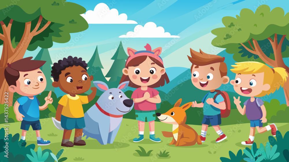 Obraz premium Niños interactuando con animales en una tienda de campaña forestal, con un conejito juguetón y un cerdo salvaje, ambientada en una animada escena de campamento de verano.
