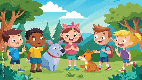 Niños interactuando con animales en una tienda de campaña forestal, con un conejito juguetón y un cerdo salvaje, ambientada en una animada escena de campamento de verano.