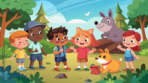 Niños interactuando con animales en una tienda de campaña forestal, con un conejito juguetón y un cerdo salvaje, ambientada en una animada escena de campamento de verano.