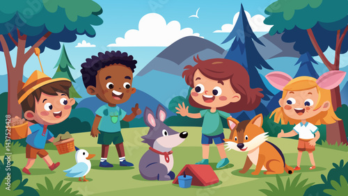 Niños interactuando con animales en una tienda de campaña forestal, con un conejito juguetón y un cerdo salvaje, ambientada en una animada escena de campamento de verano.