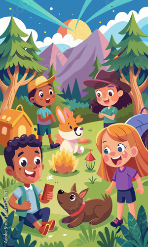 Niños interactuando con animales en una tienda de campaña forestal, con un conejito juguetón y un cerdo salvaje, ambientada en una animada escena de campamento de verano.