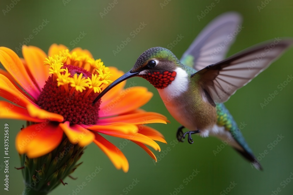 Hummingbird feeding on vibrant orange flower