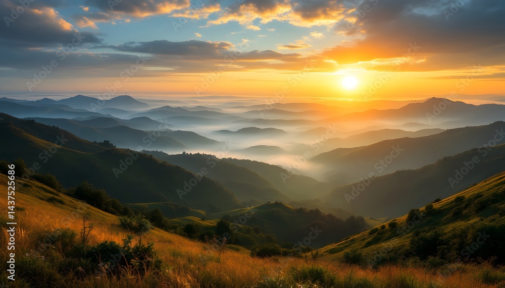 Scenic Mountain Range Landscape at Sunrise with Fog and Rolling Hills Scenic Mountain Range Landscape at Sunrise with Fog and Rolling Hills
