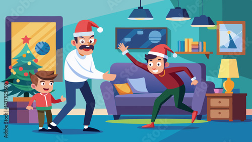 Father and teenage son catching a robber in living room, confused family expression, winter festival scene, robber in Santa hat, unexpected intruder.