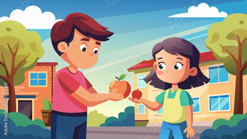 Cartoon vector of a teen boy handing an apple to his little sister in suburban street scene, depicting family care and support, sibling love.