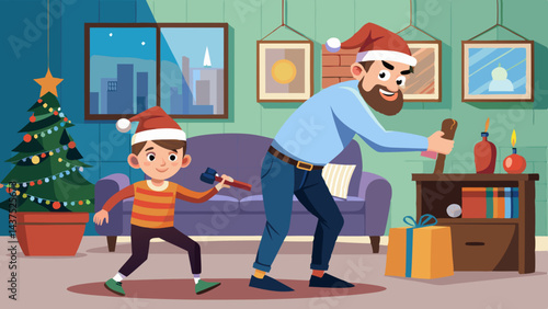 Padre e hijo adolescente atrapan a un ladrón en una sala de estar festiva, familia enojada, ladrón con gorro de Papá Noel, sorpresa en la temporada navideña, caos en el festival de invierno.