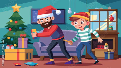 Padre e hijo adolescente atrapan a un ladrón en una sala de estar festiva, familia enojada, ladrón con gorro de Papá Noel, sorpresa en la temporada navideña, caos en el festival de invierno.