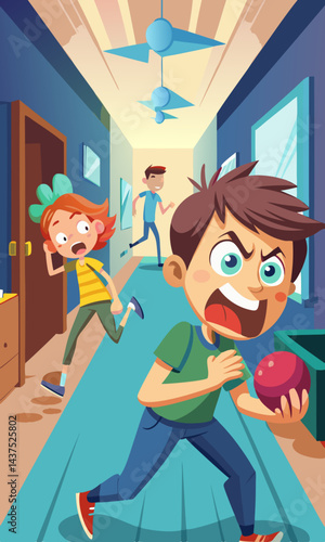 Teenagers playing running with ball in hallway, one catching him, having fun at school. Group of young students engaging in sports activity, teamwork, and physical education during school break