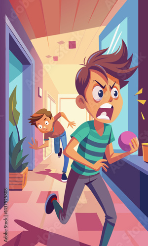 Teenagers playing running with ball in hallway, one catching him, having fun at school. Group of young students engaging in sports activity, teamwork, and physical education during school break