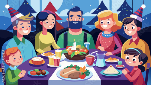 Vector de caricatura de una familia numerosa celebrando una cena festiva con comida deliciosa, rodeada de un árbol de Navidad decorado. Familiares alegres reunidos alrededor de una mesa festiva.
