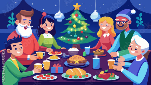 Vector de caricatura de una familia numerosa celebrando una cena festiva con comida deliciosa, rodeada de un árbol de Navidad decorado. Familiares alegres reunidos alrededor de una mesa festiva.