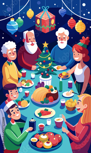 Vector de caricatura de una familia numerosa celebrando una cena festiva con comida deliciosa, rodeada de un árbol de Navidad decorado. Familiares alegres reunidos alrededor de una mesa festiva.