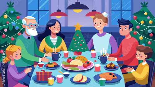 Vector de caricatura de una familia numerosa celebrando una cena festiva con comida deliciosa, rodeada de un árbol de Navidad decorado. Familiares alegres reunidos alrededor de una mesa festiva.